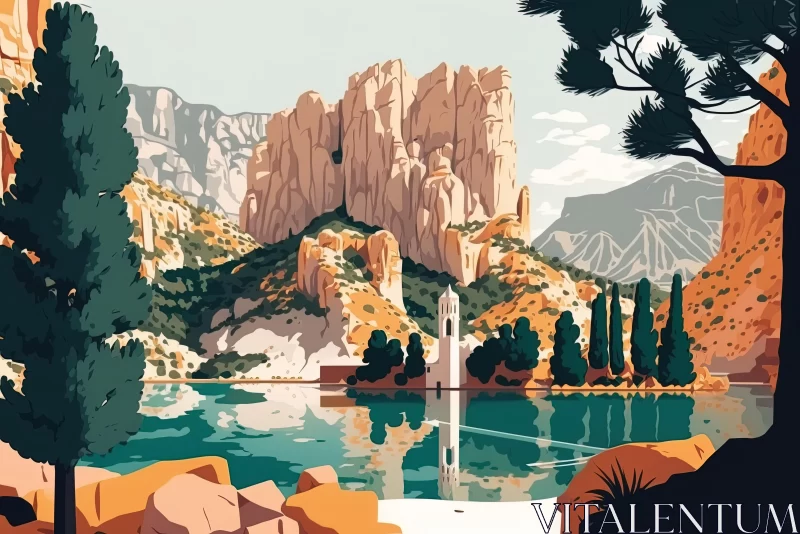 Serene Lake with Trees and Mountains: A Modern Romanesque Illustration AI Image