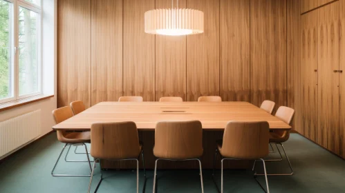 Spacious Conference Room with Wooden Table and Chairs