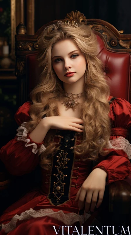 Young Woman in Red Dress with Gold Necklace and Crown on Throne AI Image