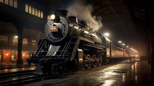 Black Steam Locomotive Pulling Passenger Cars at Station
