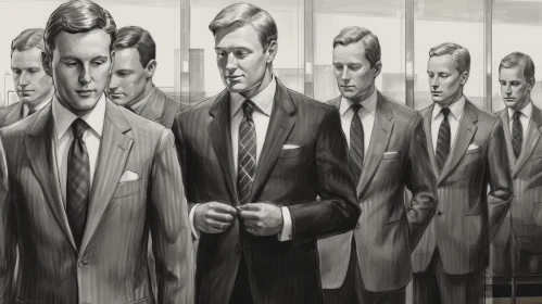 Elegant Monochromatic Painting of Six Men in Suits
