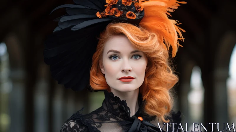 Elegant Woman Portrait in Black Lace Dress and Hat AI Image