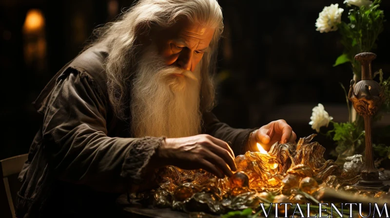 Enigmatic Elderly Man with Gold Coins and Candle AI Image