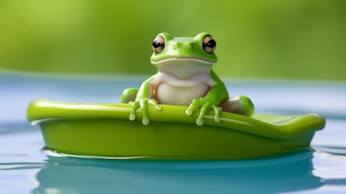 Green Frog Close-up on Leaf in Pond
