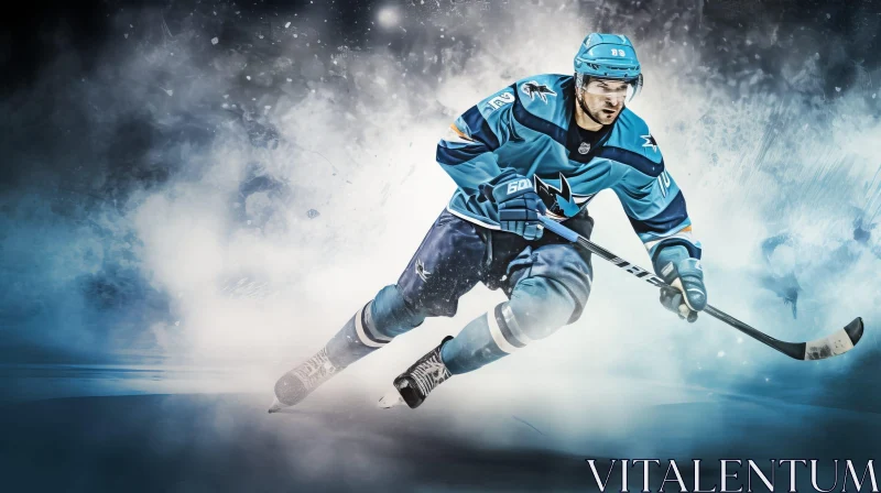 Professional Ice Hockey Player Skating on Blue Ice AI Image