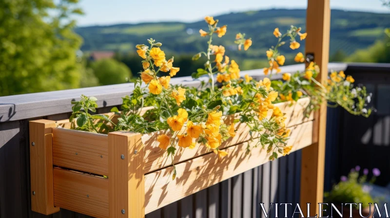 Serene Wooden Flower Box on Balcony with Yellow Flowers AI Image