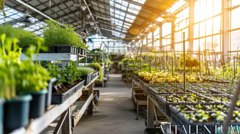 Sunlit Greenhouse with Lush Plants AI Image