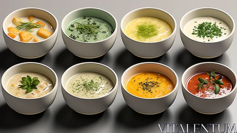 Delicious Variety: Six Bowls of Savory Soups AI Image