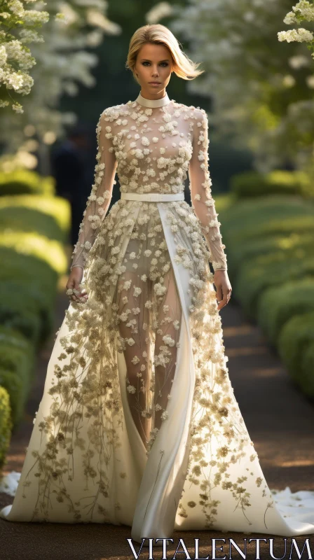 Elegant Haute Couture Wedding Dress in Lush Garden Setting AI Image