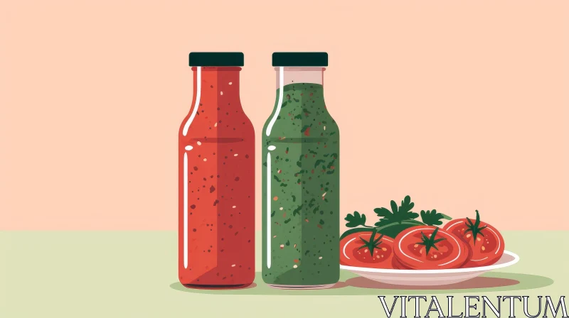 Glass Bottles of Red and Green Sauce with Tomatoes and Parsley AI Image