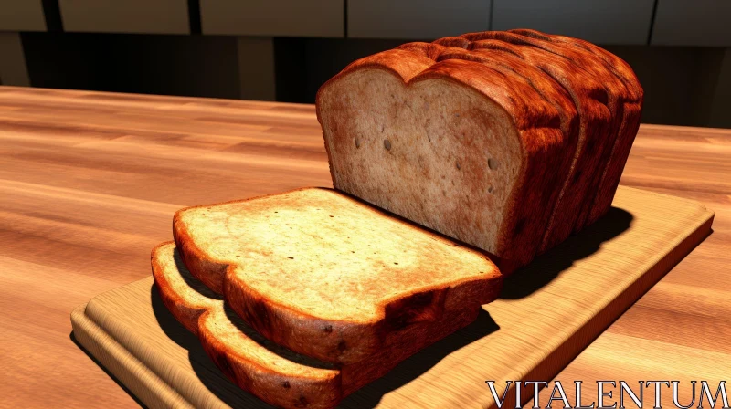 Golden Brown Bread Loaf and Slices on Wooden Table AI Image