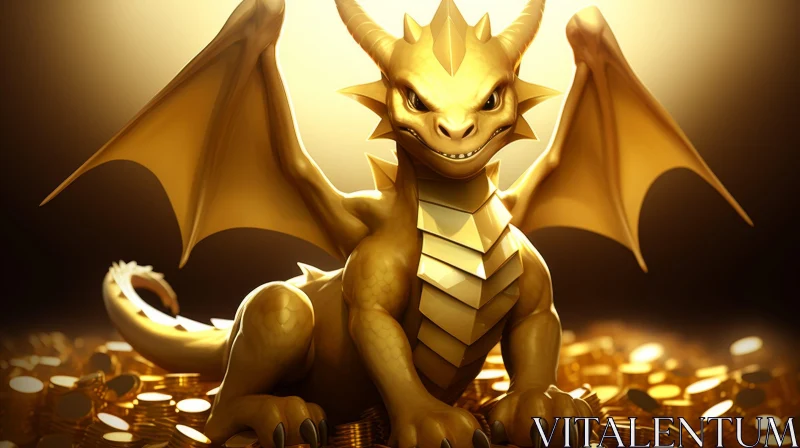 Golden Dragon on Gold Coins - 3D Fantasy Art AI Image