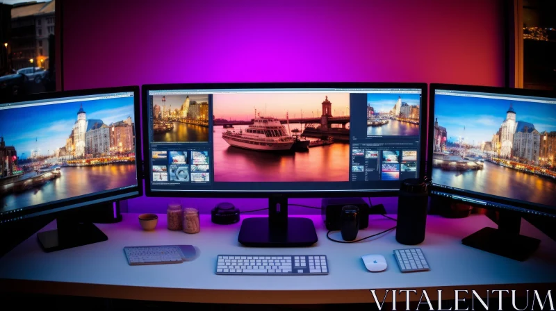 Night Cityscape on Computer Desk AI Image