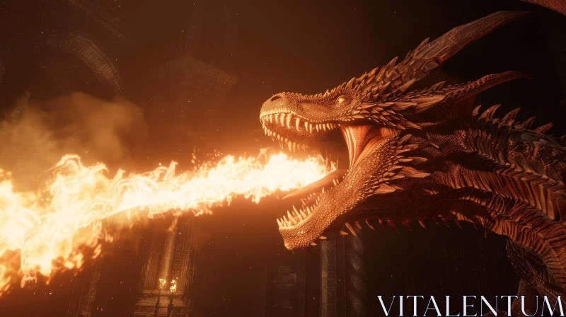 Red Dragon Breathing Fire in Dark Chamber AI Image
