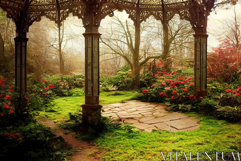 Tranquil Forest Gazebo: A Romantic Ruin in Green and Crimson AI Image