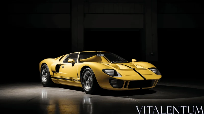 AI ART Vintage Yellow Sports Car in a Dark Room - Elegant and Authentic