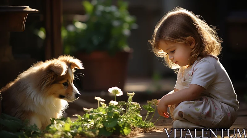Young Girl and Fluffy Dog in Garden AI Image