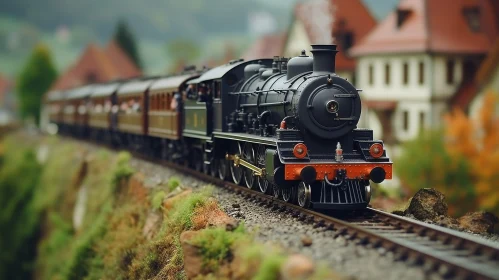 Black Steam Locomotive Pulling Passenger Cars in Lush Green Landscape