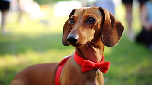 Brown Dachshund Dog with Red Bow Tie on Green Grass