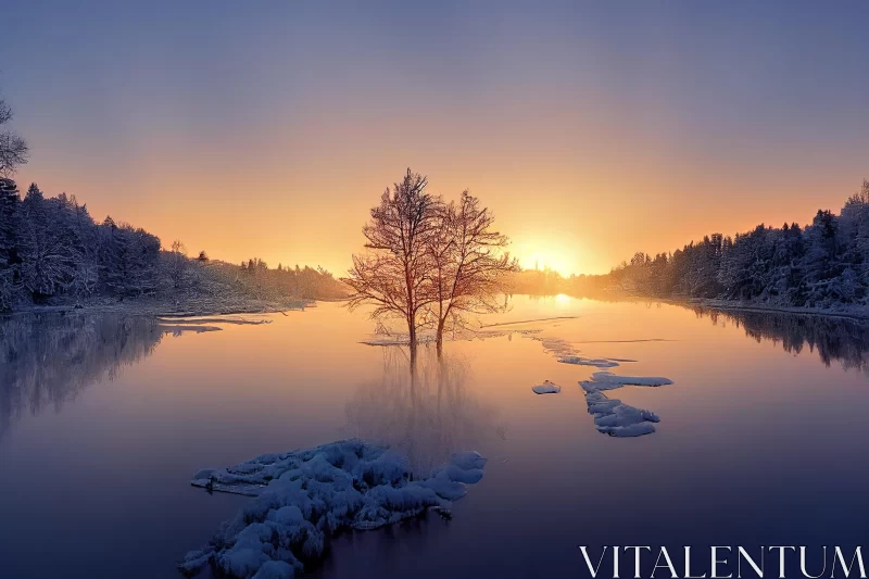 Captivating Reflection: A Frozen Lake with a Majestic Tree AI Image