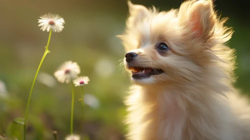 Charming Pomeranian Puppy in Field of Flowers