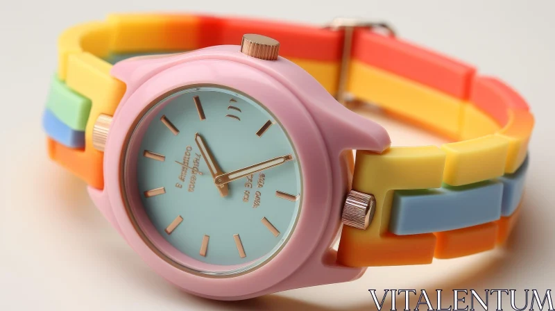 Colorful Pink Plastic Watch with Rainbow Strap AI Image