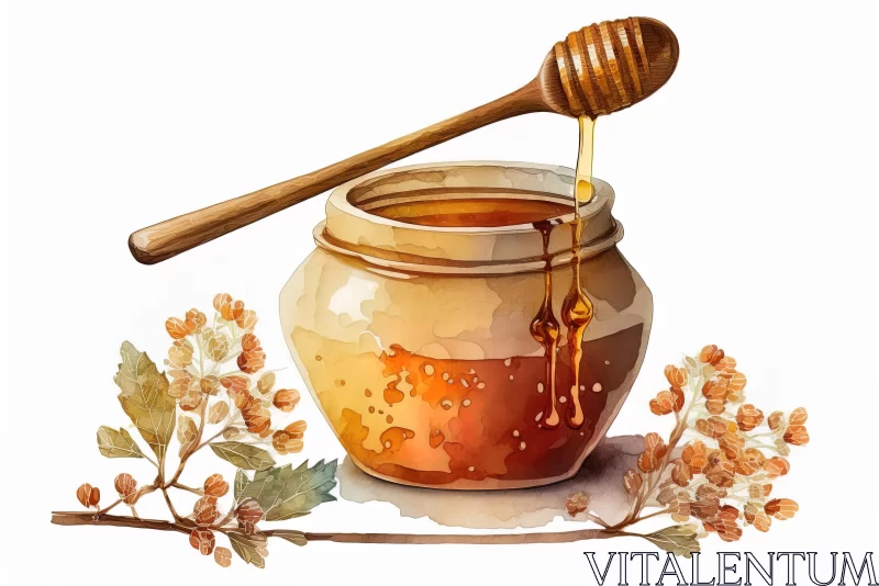 Delicate Watercolor Illustration of Honey Jar with Spoon and Cranberry Leaves AI Image