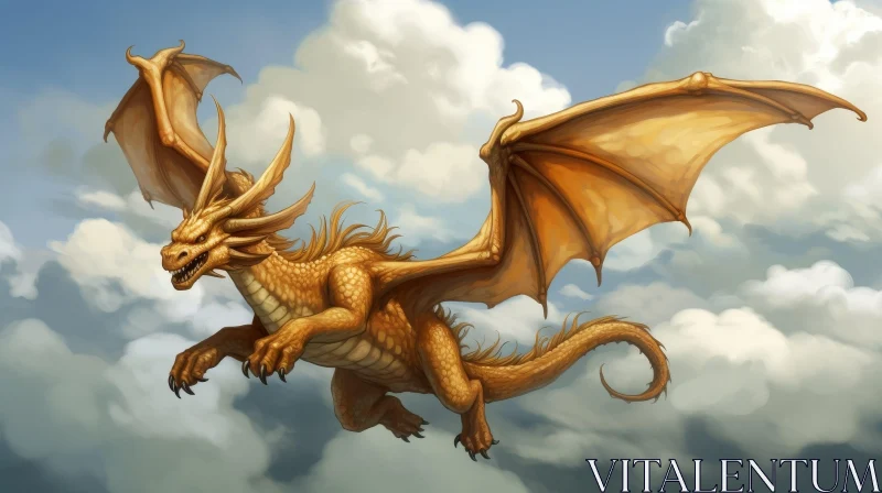Golden Dragon in Cloudy Sky - Digital Painting AI Image