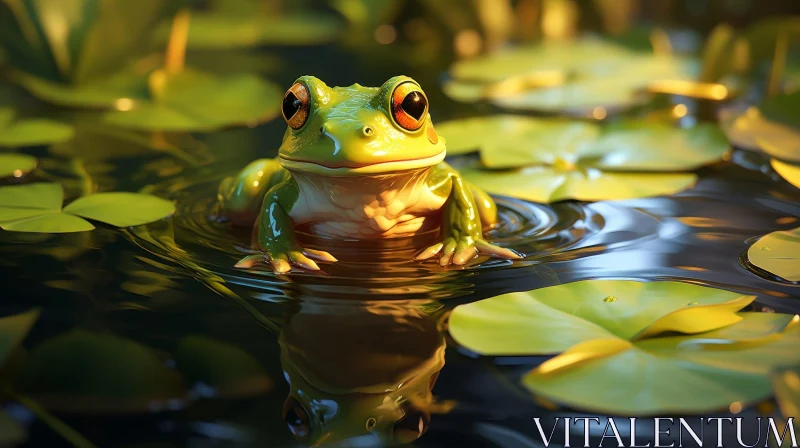 Green Frog on Lily Pad in Pond - Wildlife Photography AI Image