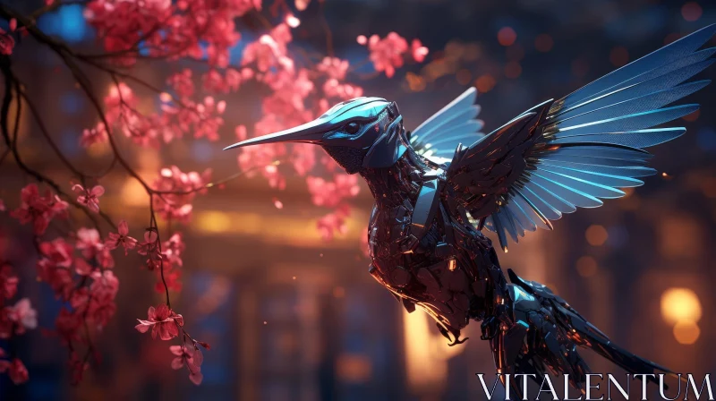 Metallic Hummingbird and Cherry Blossoms in Cityscape AI Image