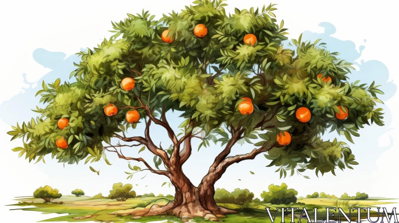 AI ART Tranquil Orange Tree in Rural Landscape