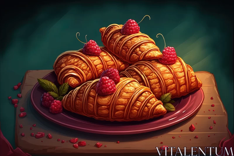 Whimsical Cartoon Plate of Croissants and Raspberries AI Image