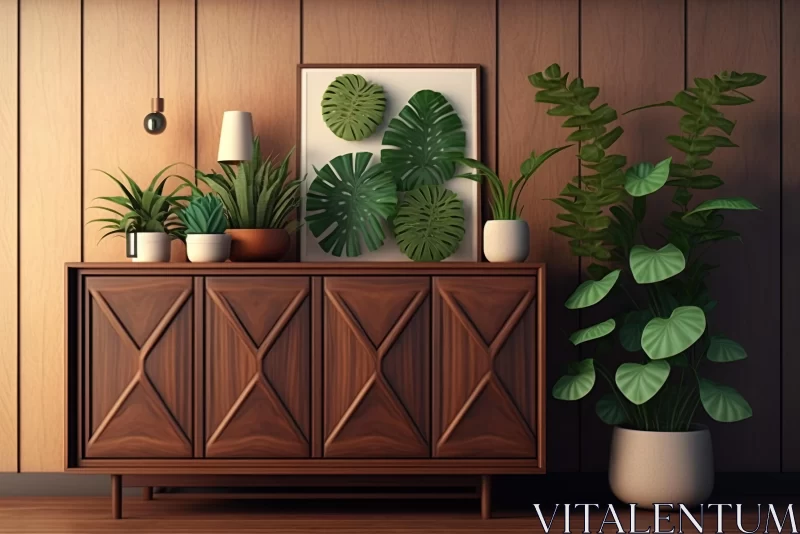 Captivating 3D Illustration of Plants and Wooden Cabinet | Midcentury Modern Style AI Image