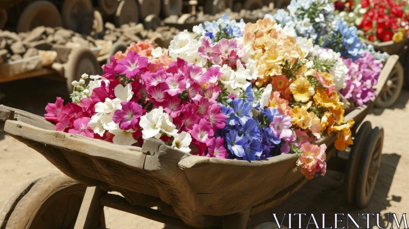 Colorful Flowers on Wooden Cart - Stunning Image AI Image