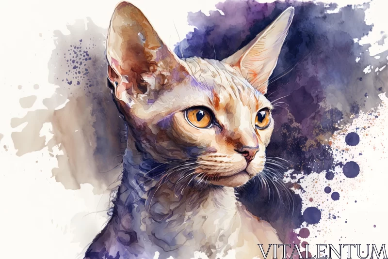 Exquisite Watercolor Painting of a Cat in Light Gold and Violet AI Image