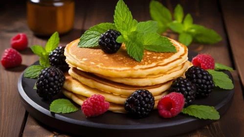 Fluffy Pancakes with Fresh Berries and Mint - Delicious Breakfast