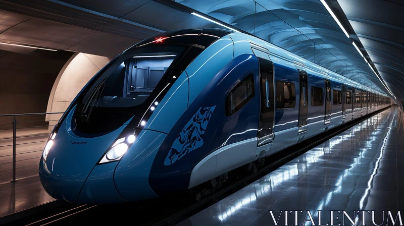 High-Speed Blue and White Train in Tunnel AI Image
