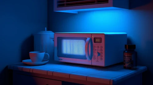 Lonely Retro-Futuristic Microwave in Dark Kitchen