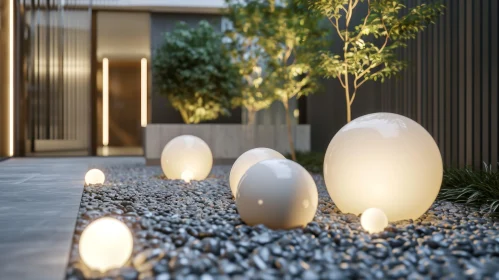Modern Courtyard Garden with Tree and Illuminated Spheres