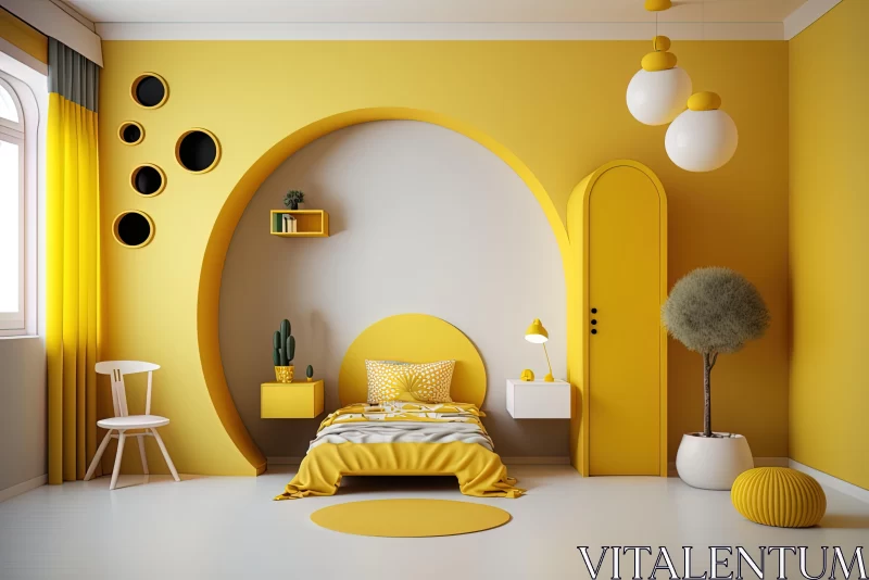 Yellow Bedroom Interior: Futuristic Retro Design with Minimalist Staging AI Image