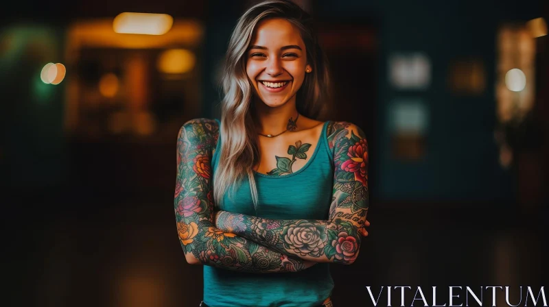AI ART Young Woman with Blonde Hair and Tattoos in Blue Tank Top