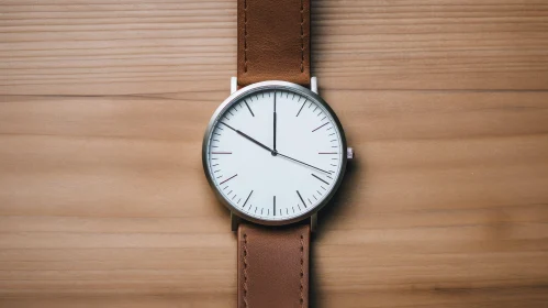 Brown Leather Strap Wristwatch on Wooden Surface