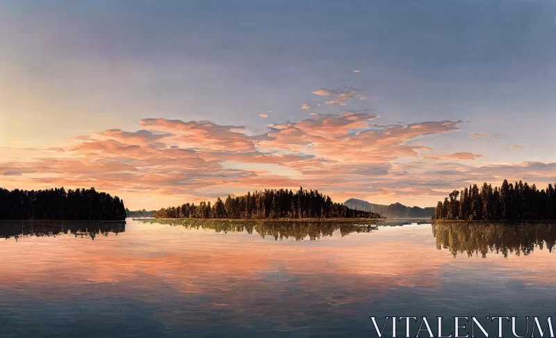 Captivating Sunset Painting - Tranquil Lake and Lush Trees AI Image