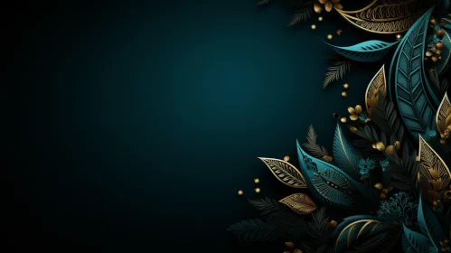 Dark Green Background with Gold and Teal Leaves and Flowers