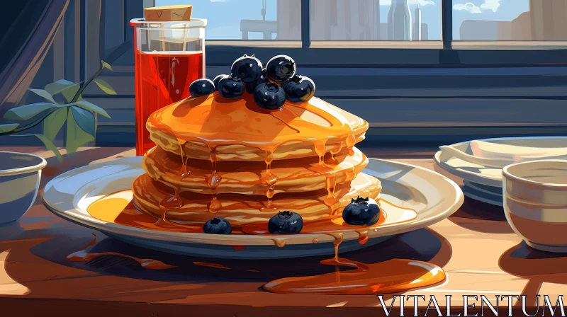 Delicious Breakfast of Pancakes with Blueberries and Maple Syrup AI Image