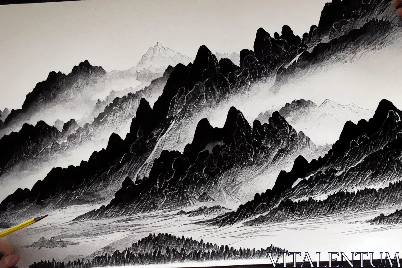 Exquisite Black and White Ink and Wash Artwork of a Majestic Mountain AI Image