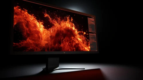 Immersive 34-inch Computer Monitor with Volcanic Eruption Display AI Image