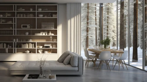 Modern Living Room with Snowy Forest View
