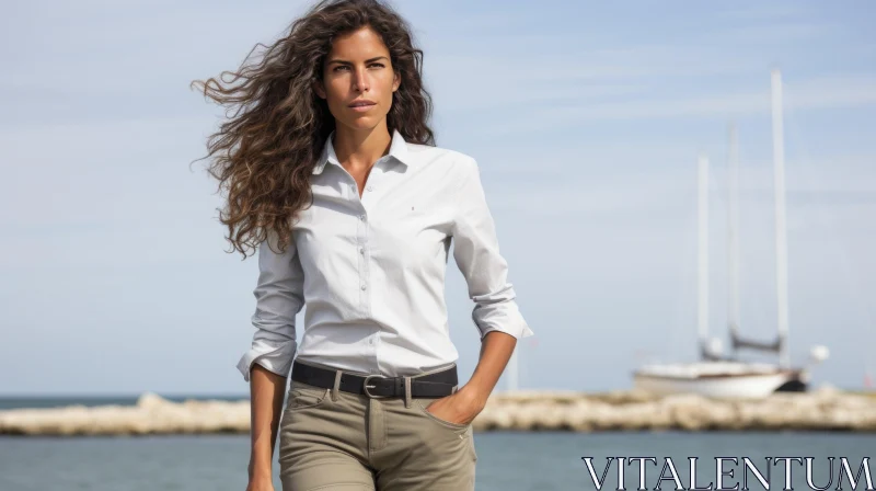 Serious Woman on Pier with Sailboats AI Image