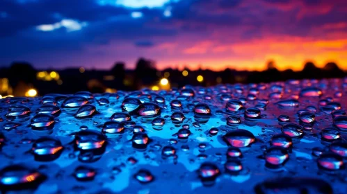 Water Droplets on Blue Surface - Sunset Reflection